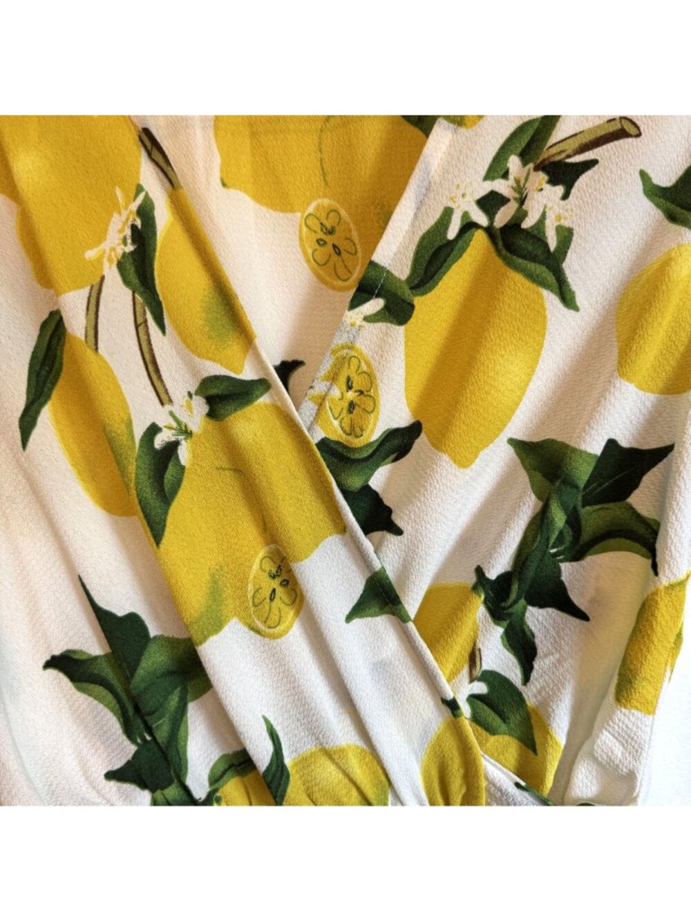 Dream Of Me Lemon Print High/Low Faux Wrap Dress Cap Sleeves Elastic Waist M - Picture 3 of 12